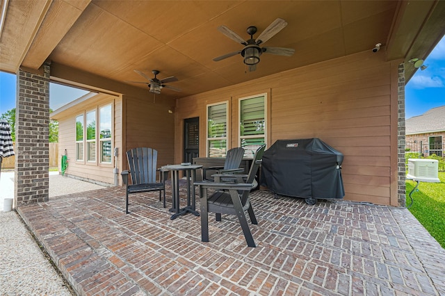 view of patio featuring ceiling fan, grilling area, fence, and central air condition unit