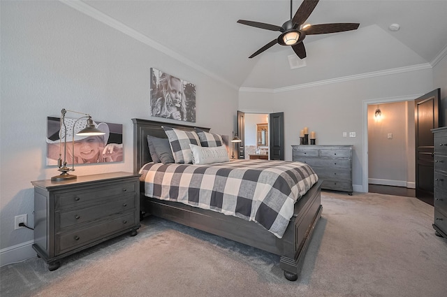 bedroom with vaulted ceiling, light colored carpet, crown molding, baseboards, and ceiling fan