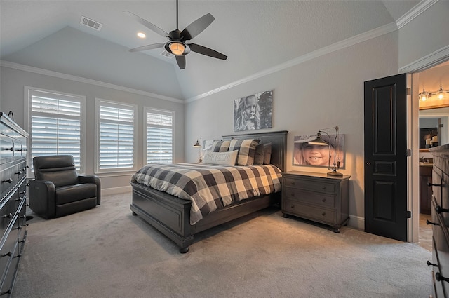 bedroom with carpet flooring, vaulted ceiling, ceiling fan, ornamental molding, and baseboards