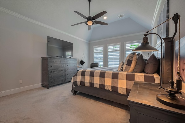 bedroom featuring vaulted ceiling, light colored carpet, baseboards, a ceiling fan, and crown molding