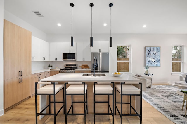 431 Neyland St, Houston, TX 77022 - kitchen with appliances with stainless steel finishes, a sink, a breakfast bar area, modern cabinets, and recessed lighting
