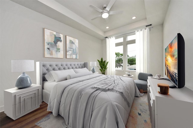 431 Neyland St, Houston, TX 77022 - bedroom with wood finished floors, recessed lighting, a raised ceiling, and a ceiling fan