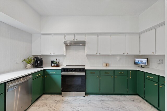 1115 Augusta Dr Unit 8, Houston, TX 77057 - kitchen featuring range with electric stovetop, stainless steel dishwasher, light marble finish floors, under cabinet range hood, and white cabinets