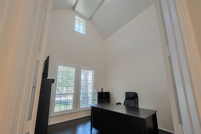 9968 Tallow Pointe Ln, Brookshire, TX 77423 - office area with lofted ceiling and dark wood finished floors
