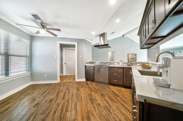 3726 Straightfork Dr, Houston, TX 77082 - kitchen featuring wall chimney exhaust hood, stainless steel dishwasher, a sink, a ceiling fan, and dark brown cabinetry