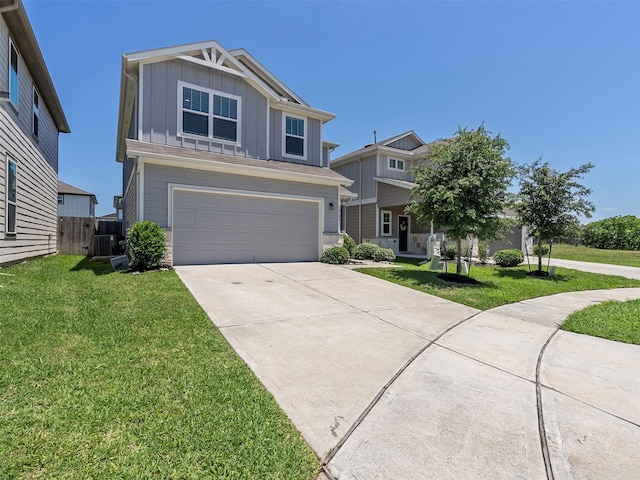 14506 Sweet Cherry Dr, Houston, TX 77069 - view of front of home with board and batten siding, an attached garage, concrete driveway, central air condition unit, and a front yard
