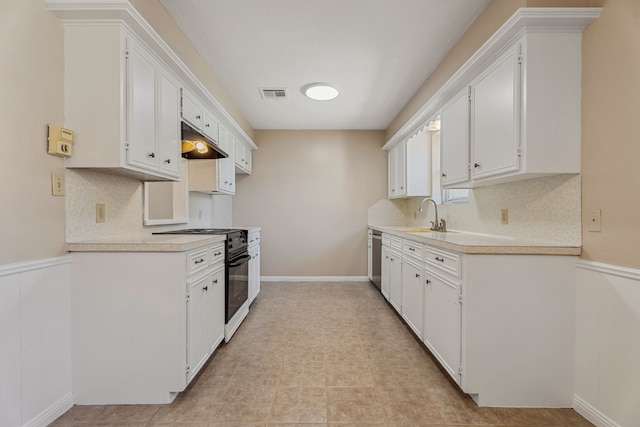 11802 Hamblin Rd, Cypress, TX 77429 - kitchen featuring black range with electric stovetop, under cabinet range hood, a sink, light countertops, and tasteful backsplash