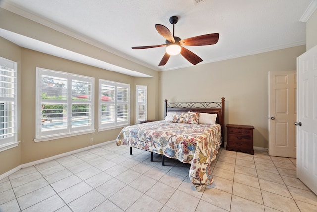 bedroom with crown molding, multiple windows, light tile patterned floors, and baseboards