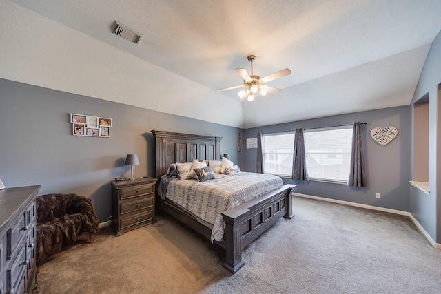 17611 Wind Mist Ln, Cypress, TX 77433 - bedroom featuring light carpet, baseboards, lofted ceiling, and a ceiling fan