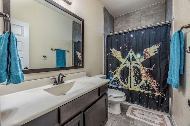 214 San Bernard Dr, Baytown, TX 77523 - bathroom with tile patterned flooring, toilet, vanity, and shower / bathtub combination with curtain