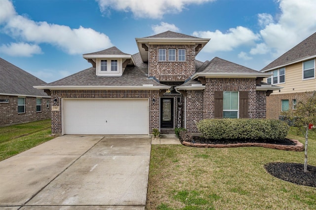 214 San Bernard Dr, Baytown, TX 77523 - view of front of property with brick siding, roof with shingles, a front yard, driveway, and an attached garage