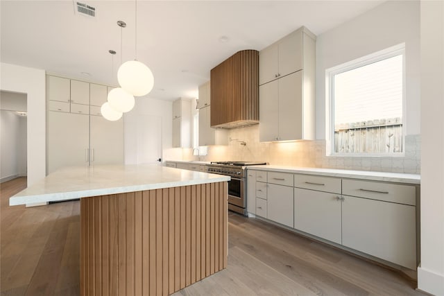 966 Lamonte Ln, Houston, TX 77018 - kitchen featuring stainless steel range, light wood-style flooring, tasteful backsplash, a center island, and a sink