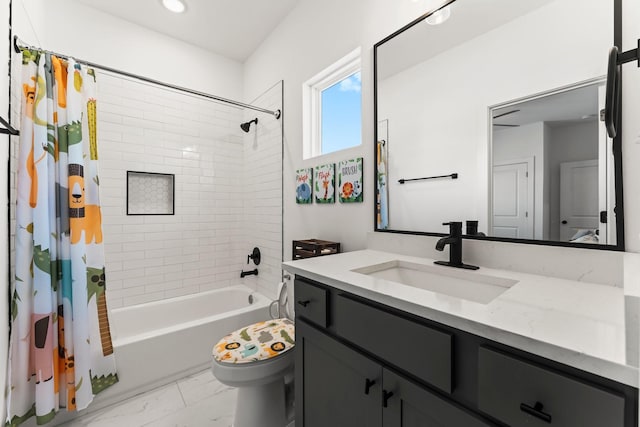 full bathroom with shower / tub combo, vanity, toilet, and marble finish flooring