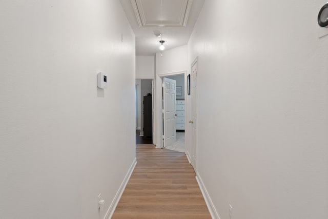 2838 Sunburst Ln, Montgomery, TX 77356 - hallway featuring attic access, light wood-style flooring, and baseboards