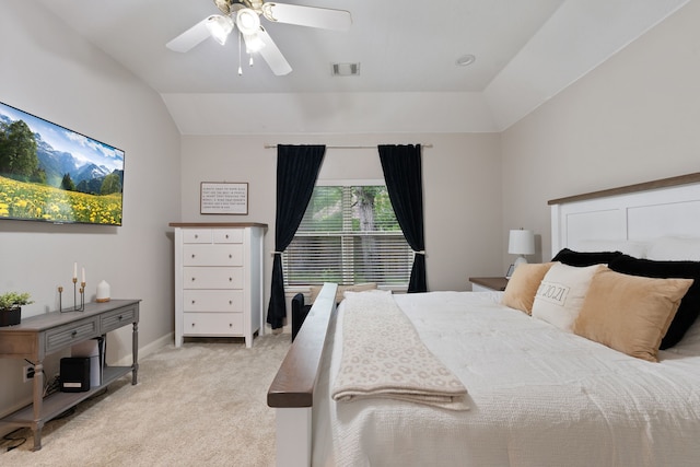 2838 Sunburst Ln, Montgomery, TX 77356 - bedroom with light colored carpet, vaulted ceiling, a ceiling fan, and baseboards