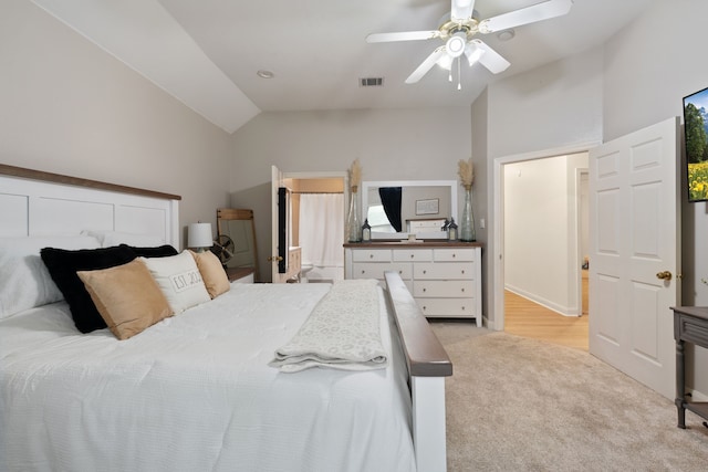 2838 Sunburst Ln, Montgomery, TX 77356 - bedroom featuring light colored carpet, lofted ceiling, and a ceiling fan