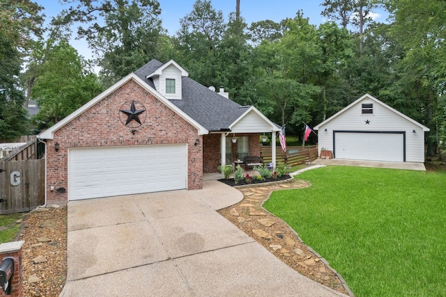 2838 Sunburst Ln, Montgomery, TX 77356 - view of front of property with brick siding, a porch, roof with shingles, an outdoor structure, and view of scattered trees