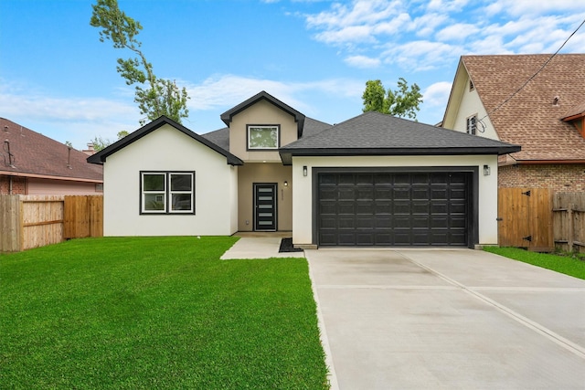 view of front of house with a garage, concrete driveway, stucco siding, roof with shingles, and a gate