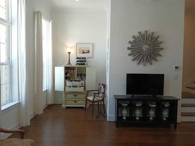 3622 Lannister Ln, Houston, TX 77055 - sitting room featuring wood finished floors, crown molding, stairs, and baseboards