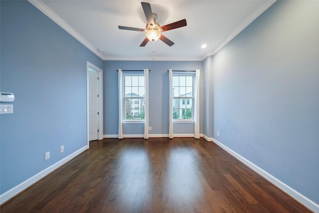 3622 Lannister Ln, Houston, TX 77055 - empty room featuring ceiling fan, crown molding, baseboards, and dark wood-style floors