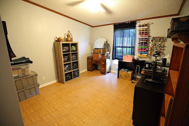 15402 Maple St, Santa Fe, TX 77517 - office space featuring a textured ceiling, crown molding, and a ceiling fan