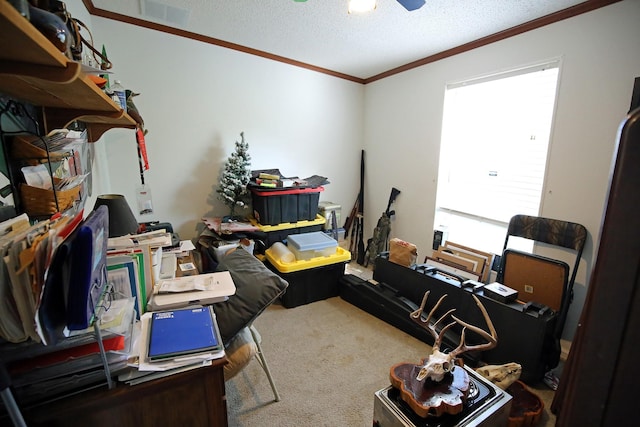 15402 Maple St, Santa Fe, TX 77517 - office space featuring ornamental molding, carpet floors, a textured ceiling, and a ceiling fan