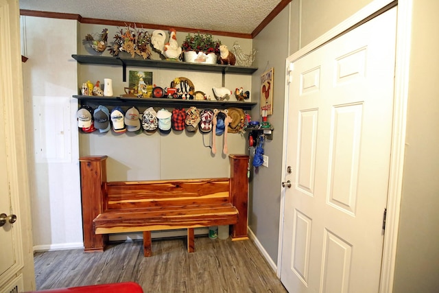 15402 Maple St, Santa Fe, TX 77517 - mudroom with wood finished floors, ornamental molding, baseboards, and a textured ceiling