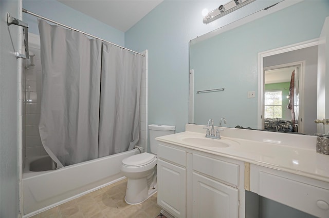 bathroom featuring shower / bathtub combination with curtain, toilet, and vanity