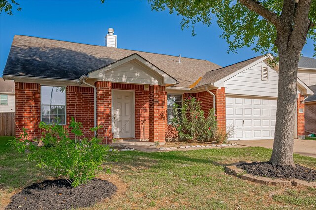 ranch-style house with brick siding, a garage, a chimney, and roof with shingles