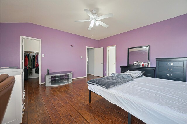 bedroom with wood-type flooring, lofted ceiling, a closet, a walk in closet, and ceiling fan