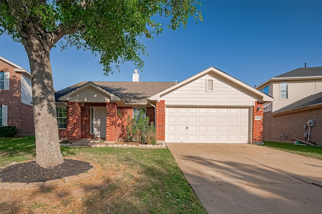 view of front of house featuring brick siding, a garage, a chimney, concrete driveway, and a front lawn