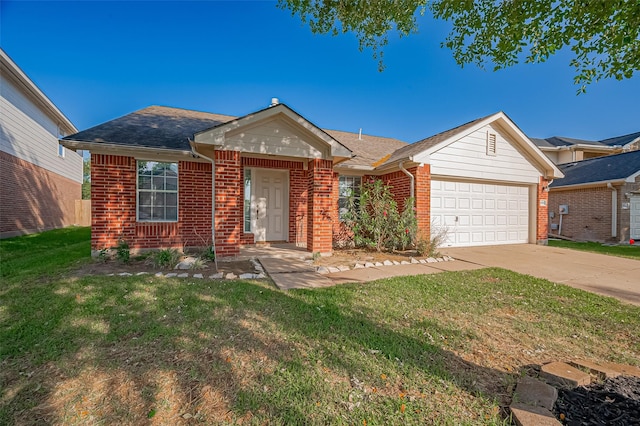 single story home featuring brick siding, an attached garage, concrete driveway, a front lawn, and roof with shingles