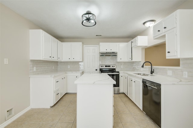 9024 Zapata Way, Willis, TX 77378 - kitchen featuring electric range, black dishwasher, a sink, under cabinet range hood, and a center island