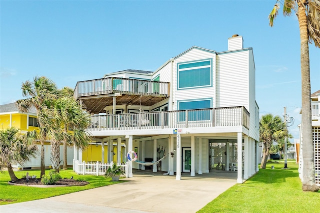 view of front of house featuring a carport, driveway, and a chimney
