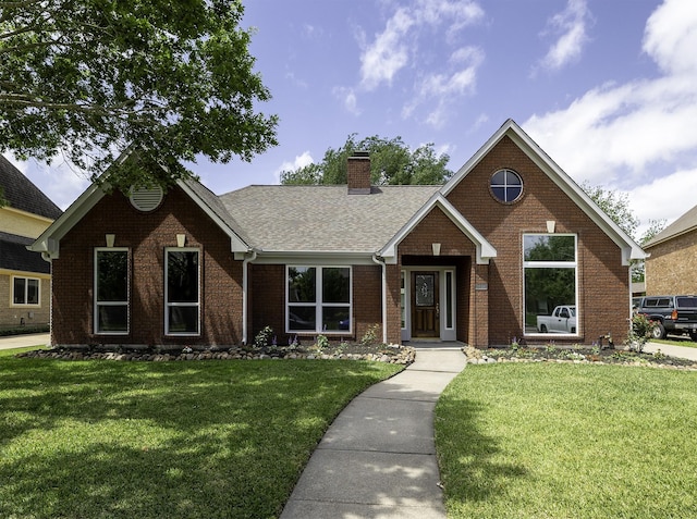 2414 Shoal Creek Dr, League City, TX 77573 - view of front of home with a front lawn, brick siding, a chimney, and roof with shingles