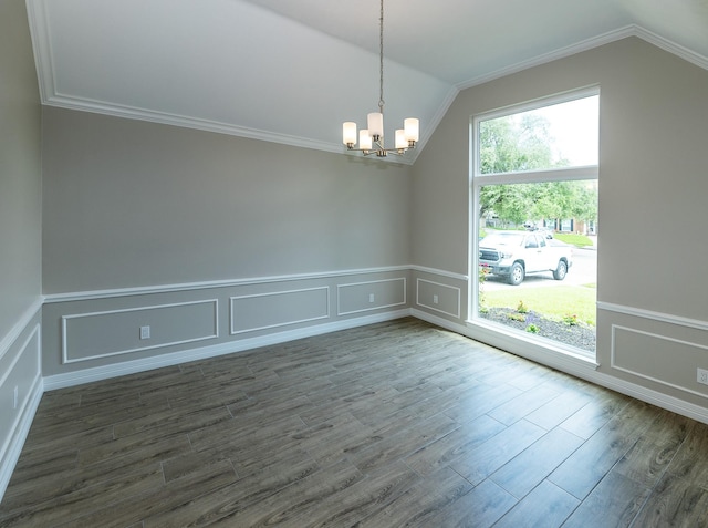 2414 Shoal Creek Dr, League City, TX 77573 - spare room featuring lofted ceiling, a chandelier, dark wood-style floors, a decorative wall, and a wainscoted wall