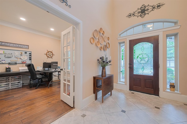 12607 Cove Landing Dr, Cypress, TX 77433 - entryway featuring baseboards, tile patterned flooring, french doors, and recessed lighting