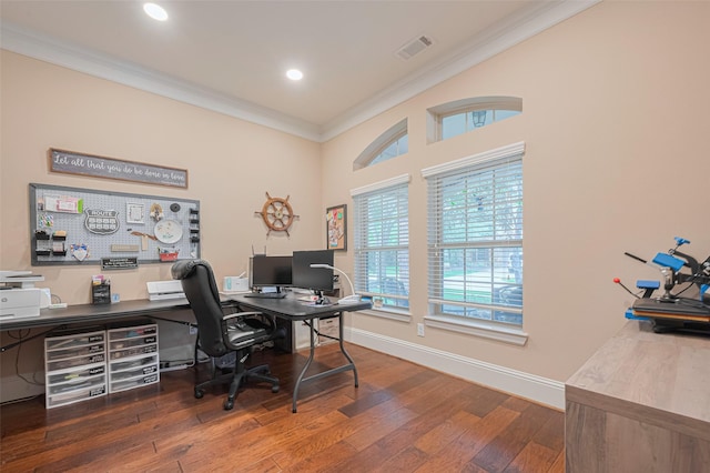 12607 Cove Landing Dr, Cypress, TX 77433 - office featuring crown molding, hardwood / wood-style flooring, baseboards, and recessed lighting