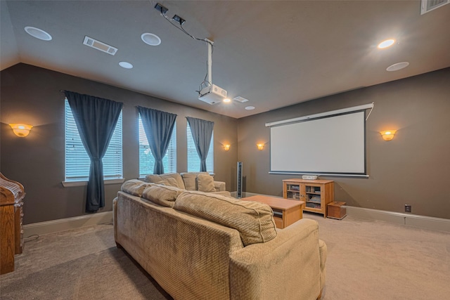 12607 Cove Landing Dr, Cypress, TX 77433 - home theater room featuring carpet floors, baseboards, vaulted ceiling, and recessed lighting