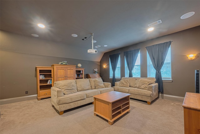 12607 Cove Landing Dr, Cypress, TX 77433 - living area with light carpet, recessed lighting, baseboards, and lofted ceiling
