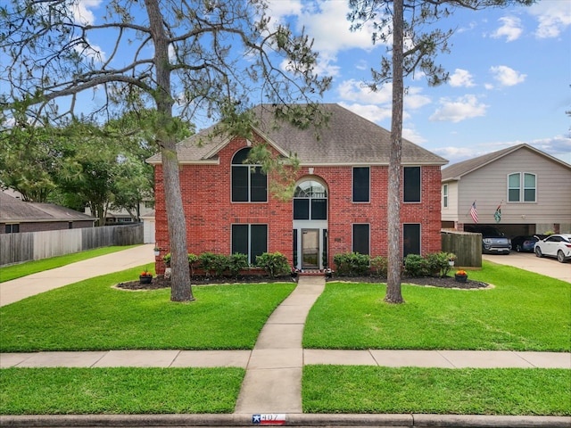 view of front of home with brick siding, a shingled roof, and driveway