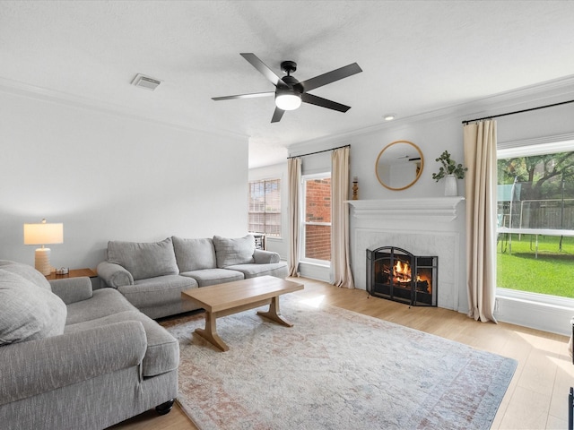 living area with crown molding, ceiling fan, light wood-style flooring, and a fireplace