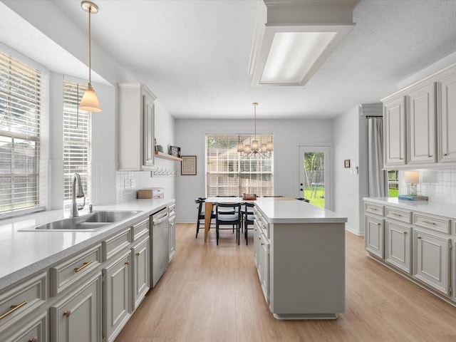 kitchen with a sink, dishwasher, a kitchen island, tasteful backsplash, and light countertops