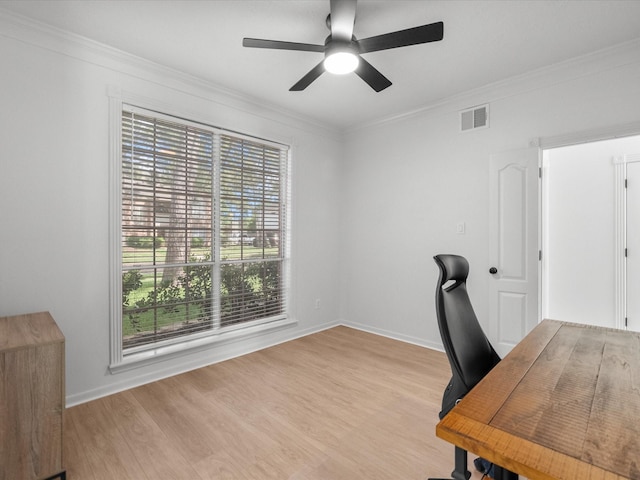 office space featuring ceiling fan, ornamental molding, wood finished floors, and baseboards