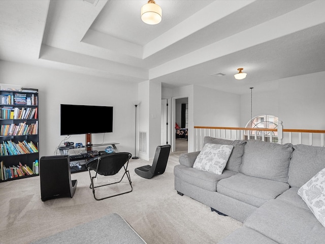 carpeted living area with a raised ceiling
