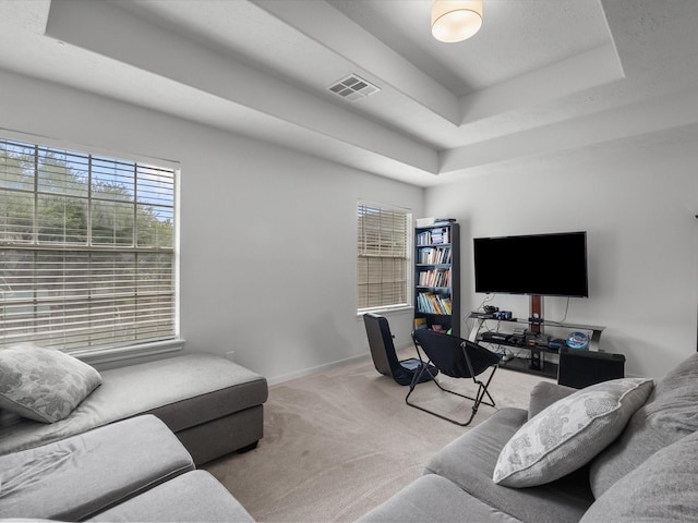 office space featuring a tray ceiling, carpet, and baseboards