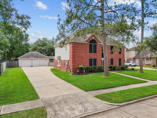 view of front of property featuring brick siding, a garage, and an outdoor structure
