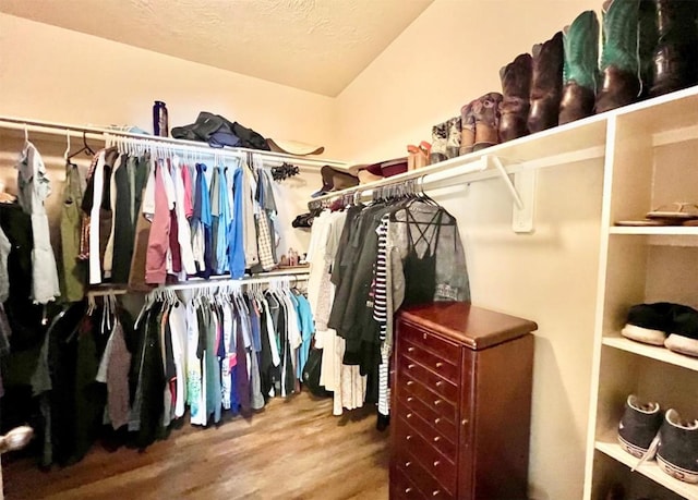 walk in closet with wood finished floors