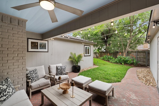 view of patio / terrace with ceiling fan and outdoor lounge area