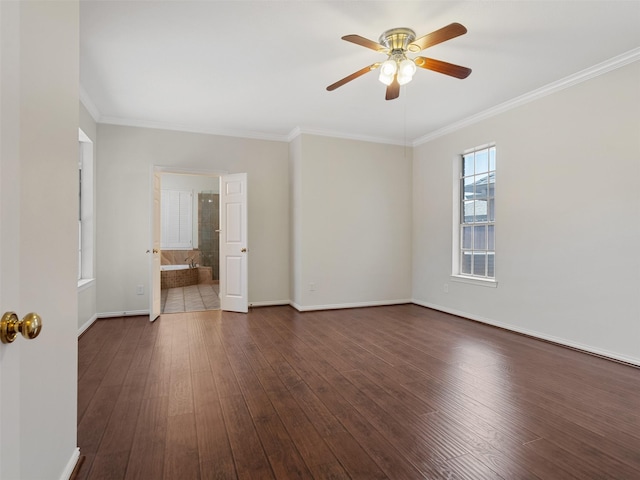 23334 Fairbranch Dr, Katy, TX 77494 - unfurnished room with dark wood-style floors, ceiling fan, baseboards, and crown molding